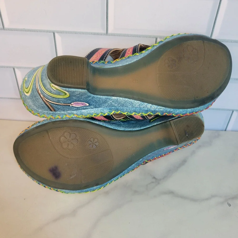 Elite by Corkys Bonsai Blue Leather Peacock Hand Painted Wedge Sandals Womens 6